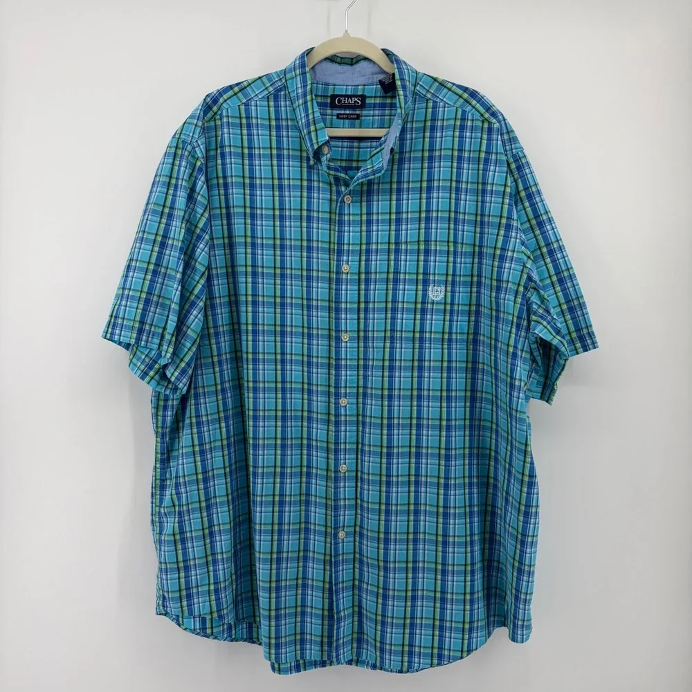 Chaps Mens 2XLT Blue Green Plaid Short Sleeve Button‎ Down Shirt Easy Care